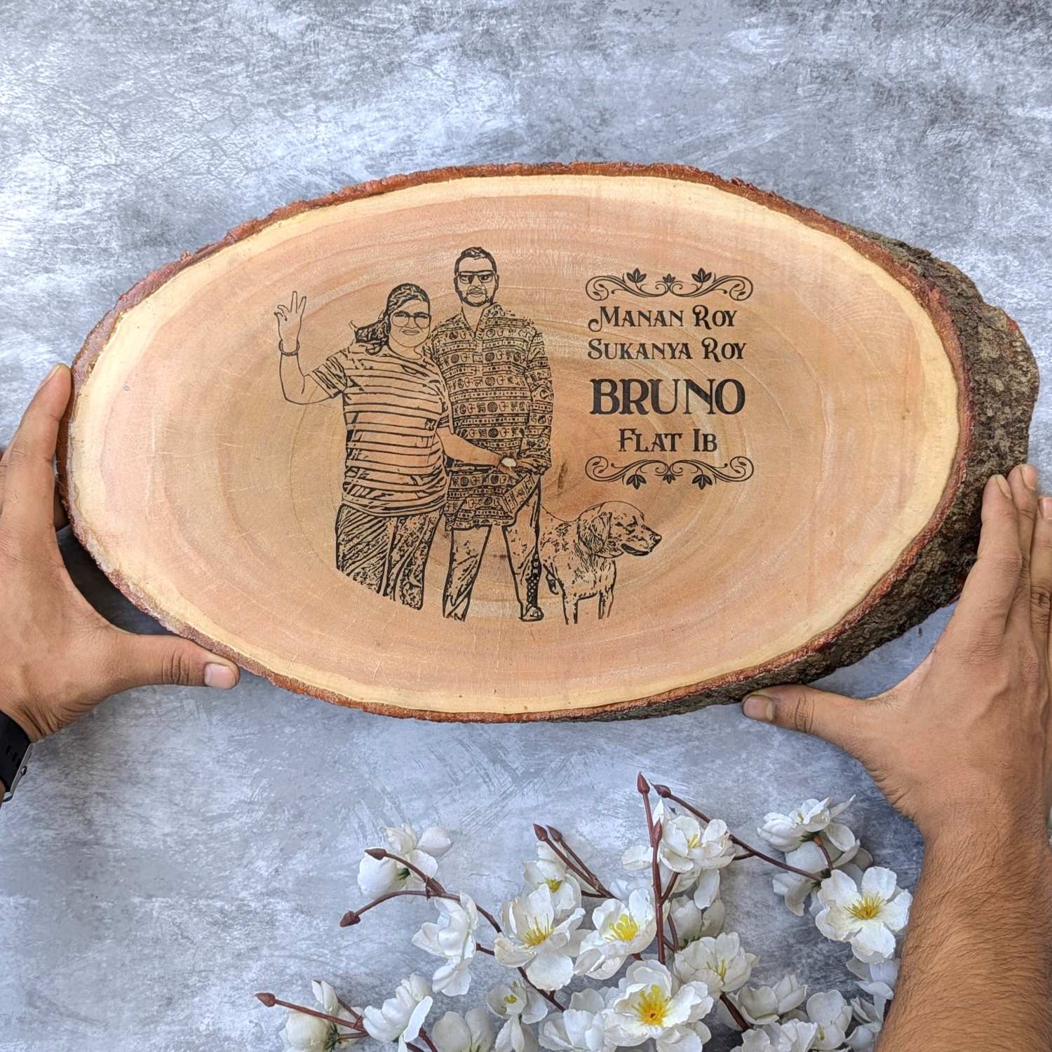 Photo Engraved Rustic Wood Sign With Natural Bark | Customised Wood Nameplate - Image 16