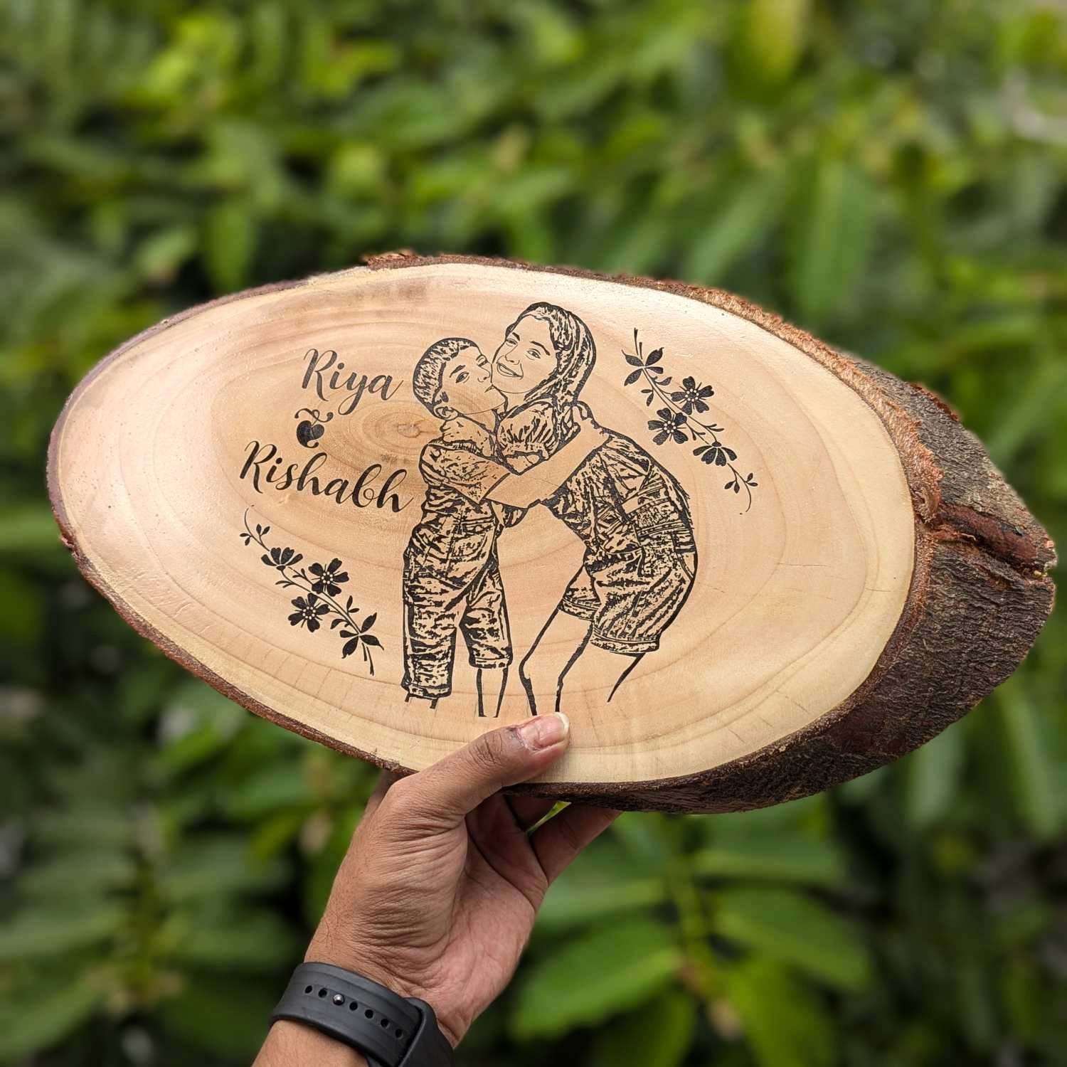 Photo Engraved Rustic Wood Sign With Natural Bark | Customised Wood Nameplate - Image 3