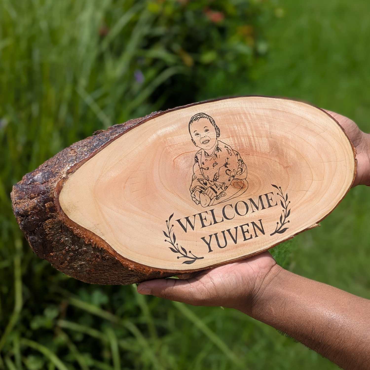 Photo Engraved Rustic Wood Sign With Natural Bark | Customised Wood Nameplate - Image 8