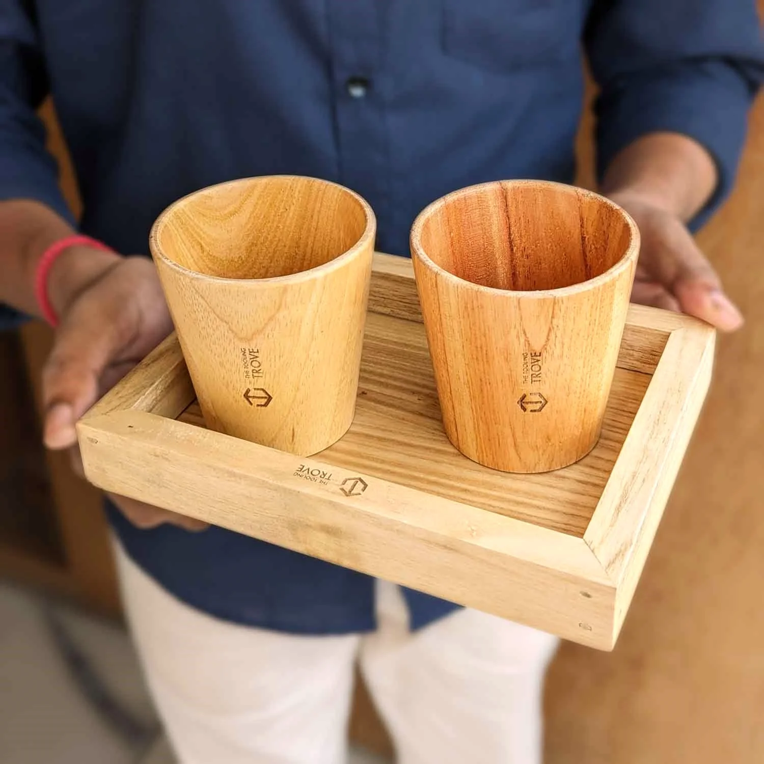Neem Wood Tea Glass Set with Tray | Elegant Corporate Gift - Image 2