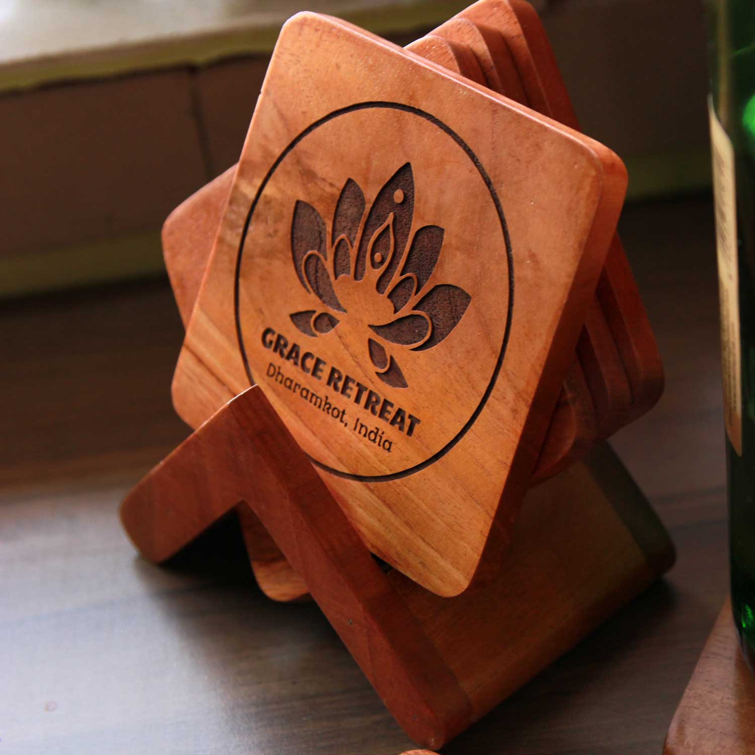 Office Coasters With Company Logo - Wooden Coaster Set With Holder - Image 2