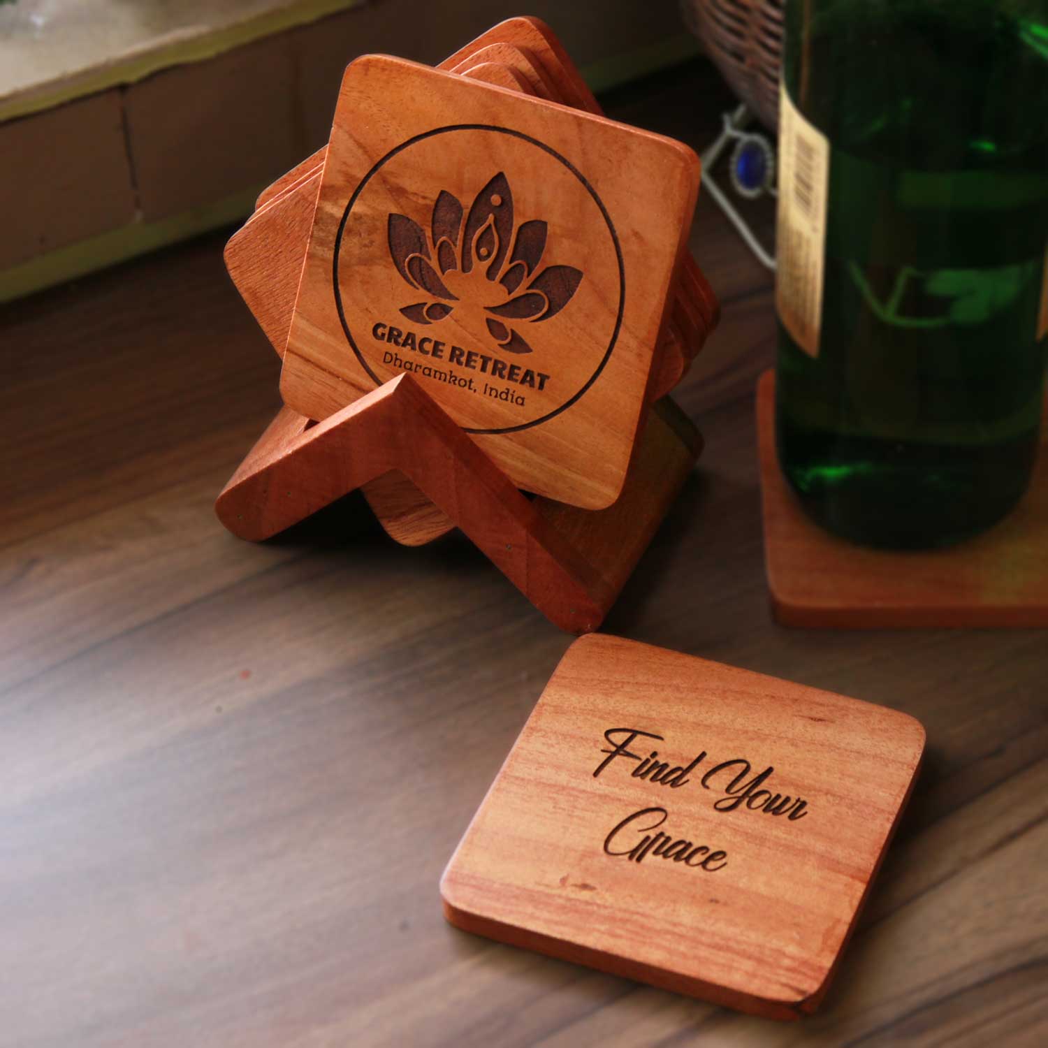 Office Coasters With Company Logo - Wooden Coaster Set With Holder - Image 3