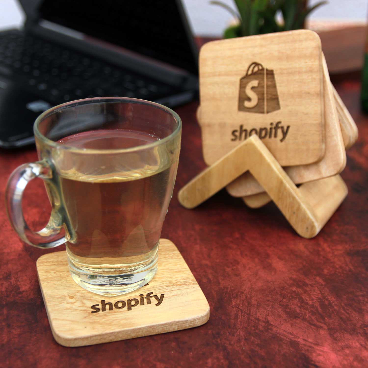 Office Coasters With Company Logo - Wooden Coaster Set With Holder - Image 4