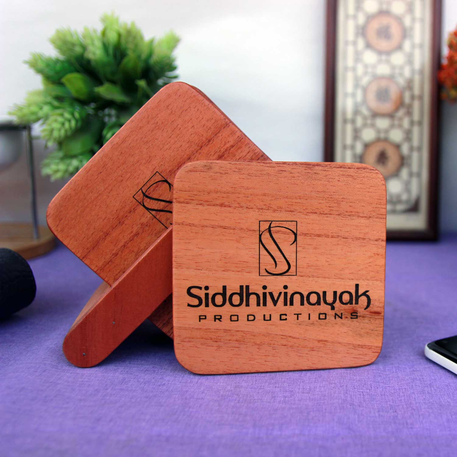 Office Coasters With Company Logo - Wooden Coaster Set With Holder - Image 5
