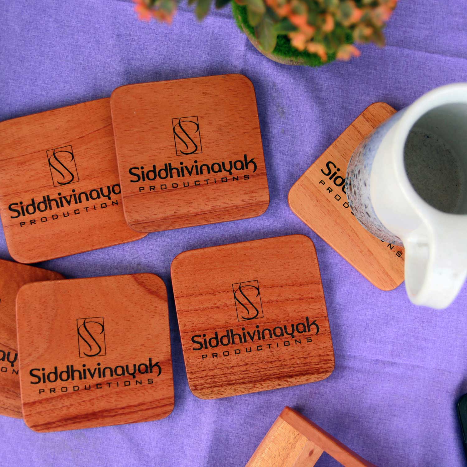Office Coasters With Company Logo - Wooden Coaster Set With Holder - Image 6