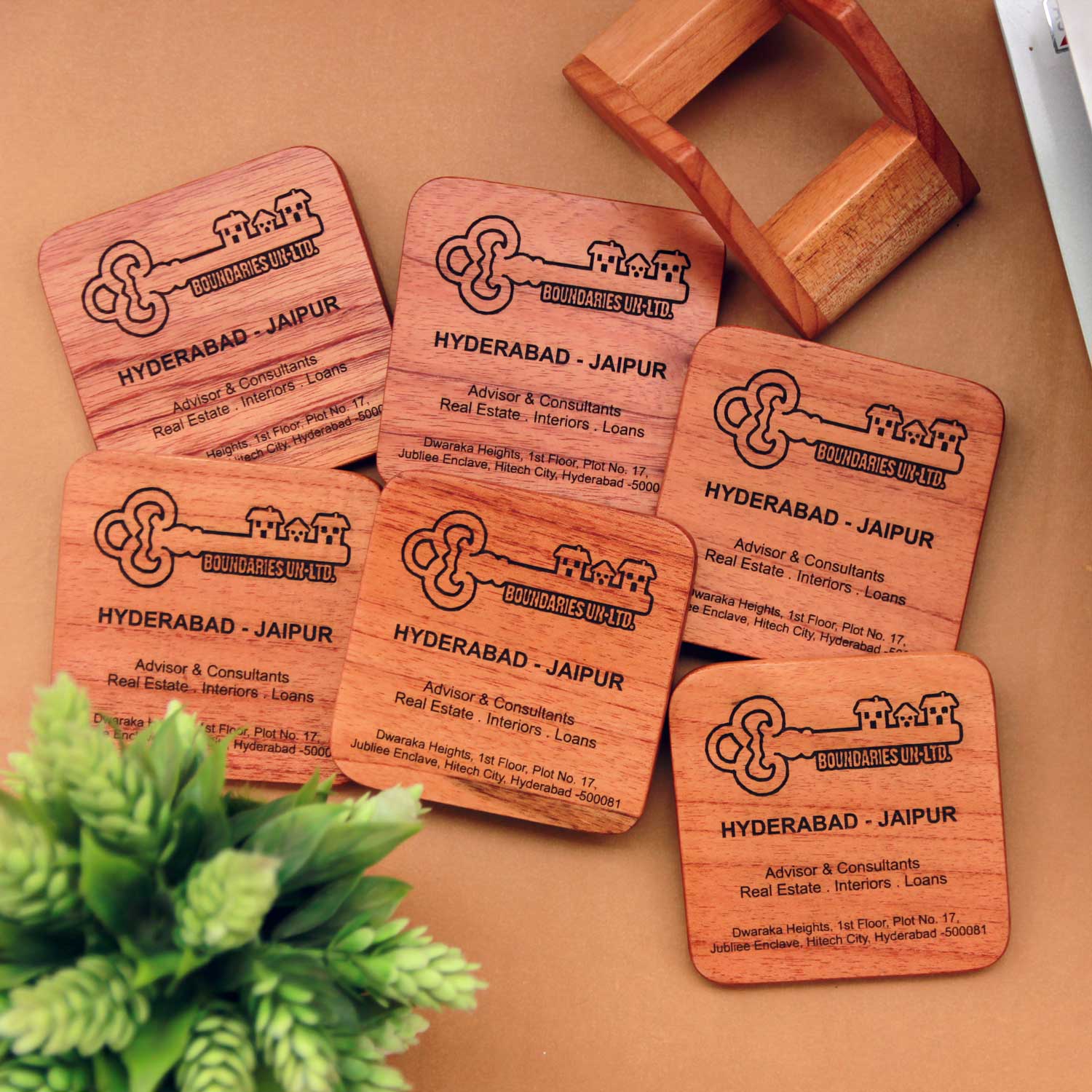 Office Coasters With Company Logo - Wooden Coaster Set With Holder - Image 8