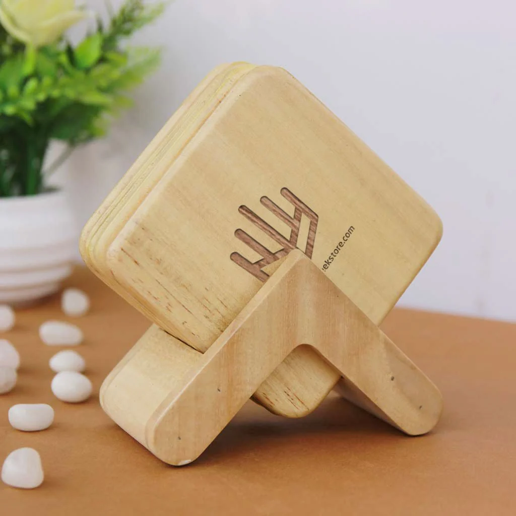Office Coasters With Company Logo - Wooden Coaster Set With Holder - Image 9