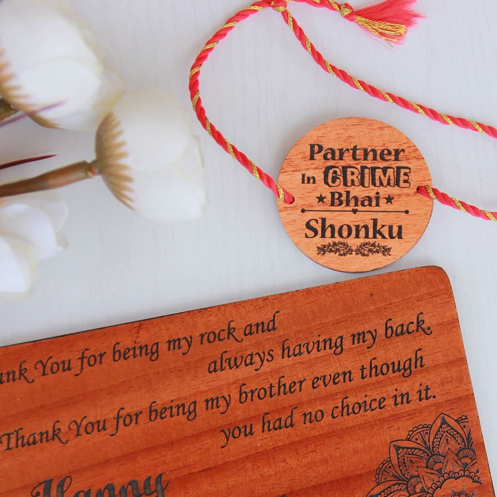 Partner In Crime Bhai Personalised Wooden Rakhi & Greeting Card