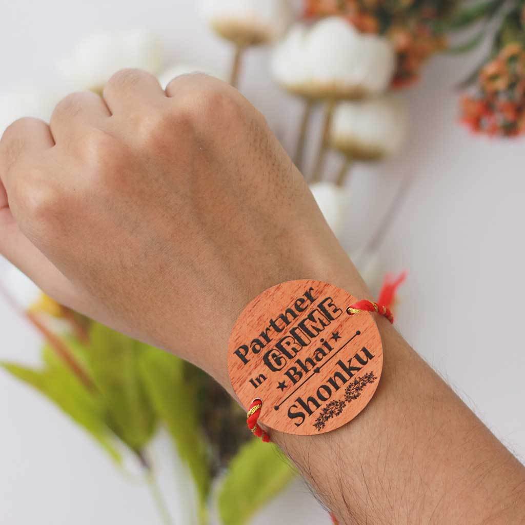 Partner In Crime Bhai Personalised Wooden Rakhi & Greeting Card - Image 2