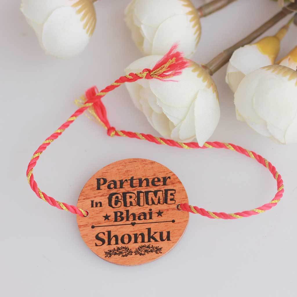 Partner In Crime Bhai Personalised Wooden Rakhi & Greeting Card - Image 3
