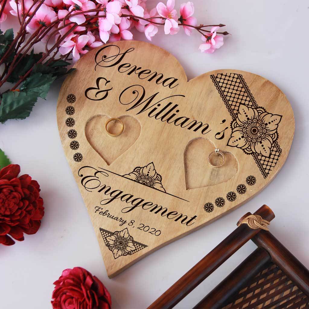 Personalised Engagement Ring Platter With Names - Wooden Heart Ring Holder