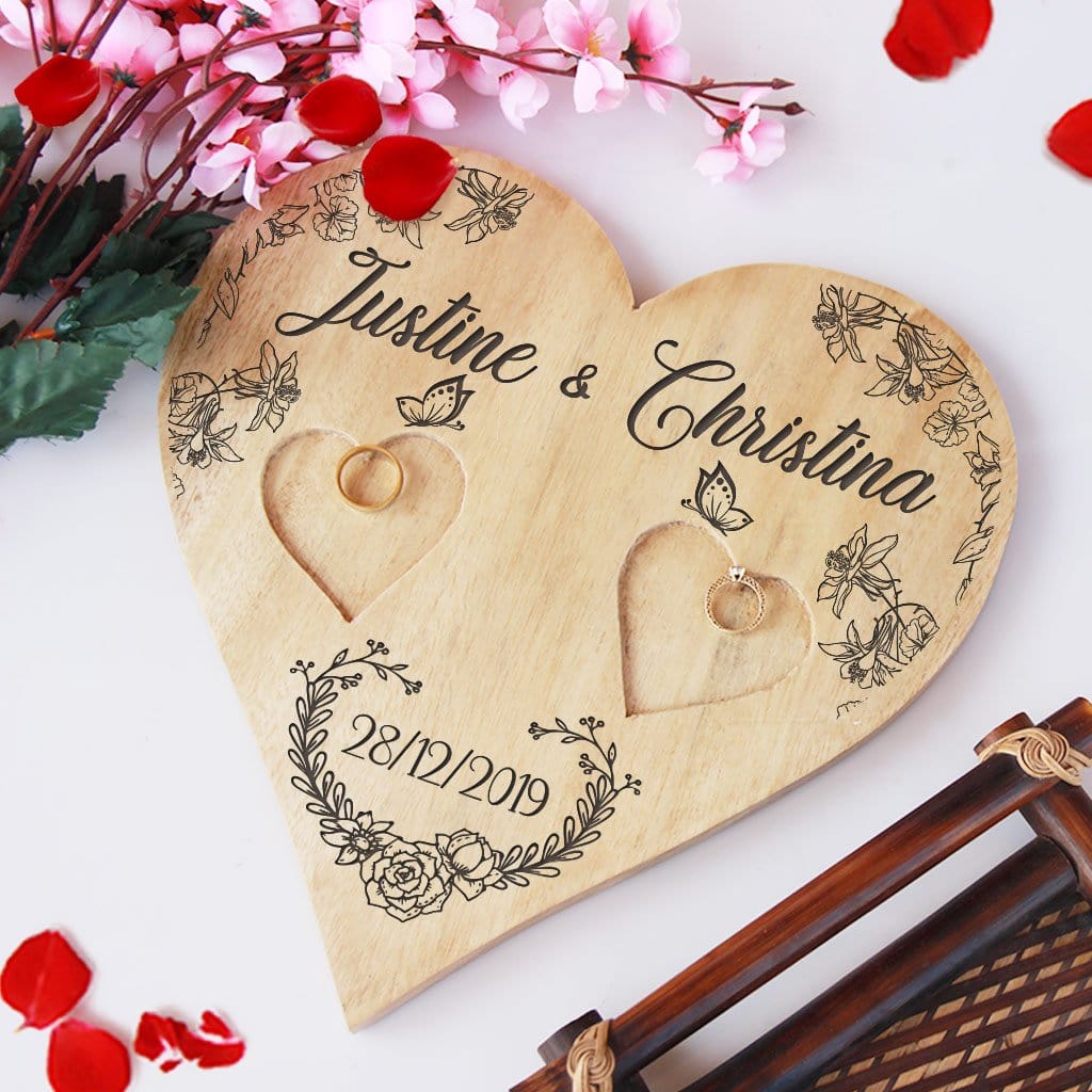 Personalised Heart Ring Holder With Names - Wooden Wedding Ring Holder & Engagement Ring Tray