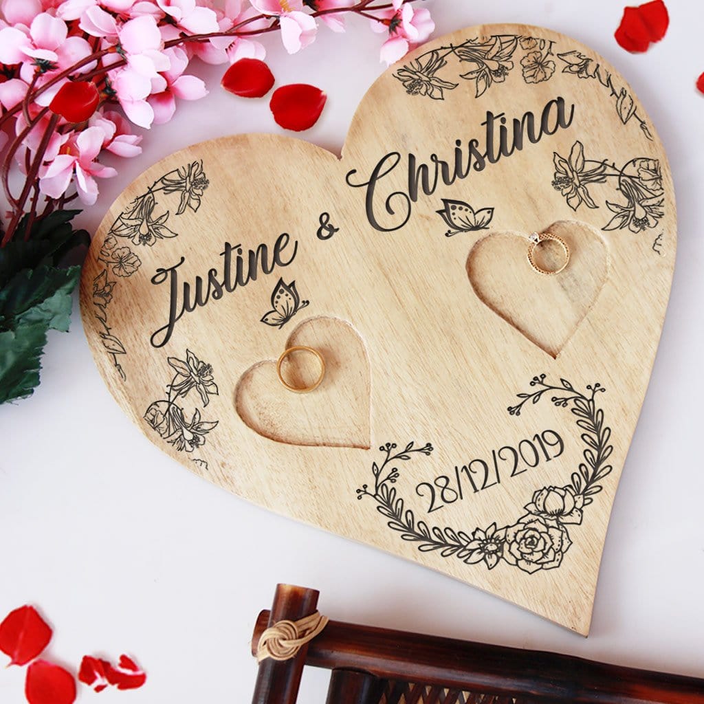 Personalised Heart Ring Holder With Names - Wooden Wedding Ring Holder & Engagement Ring Tray - Image 2