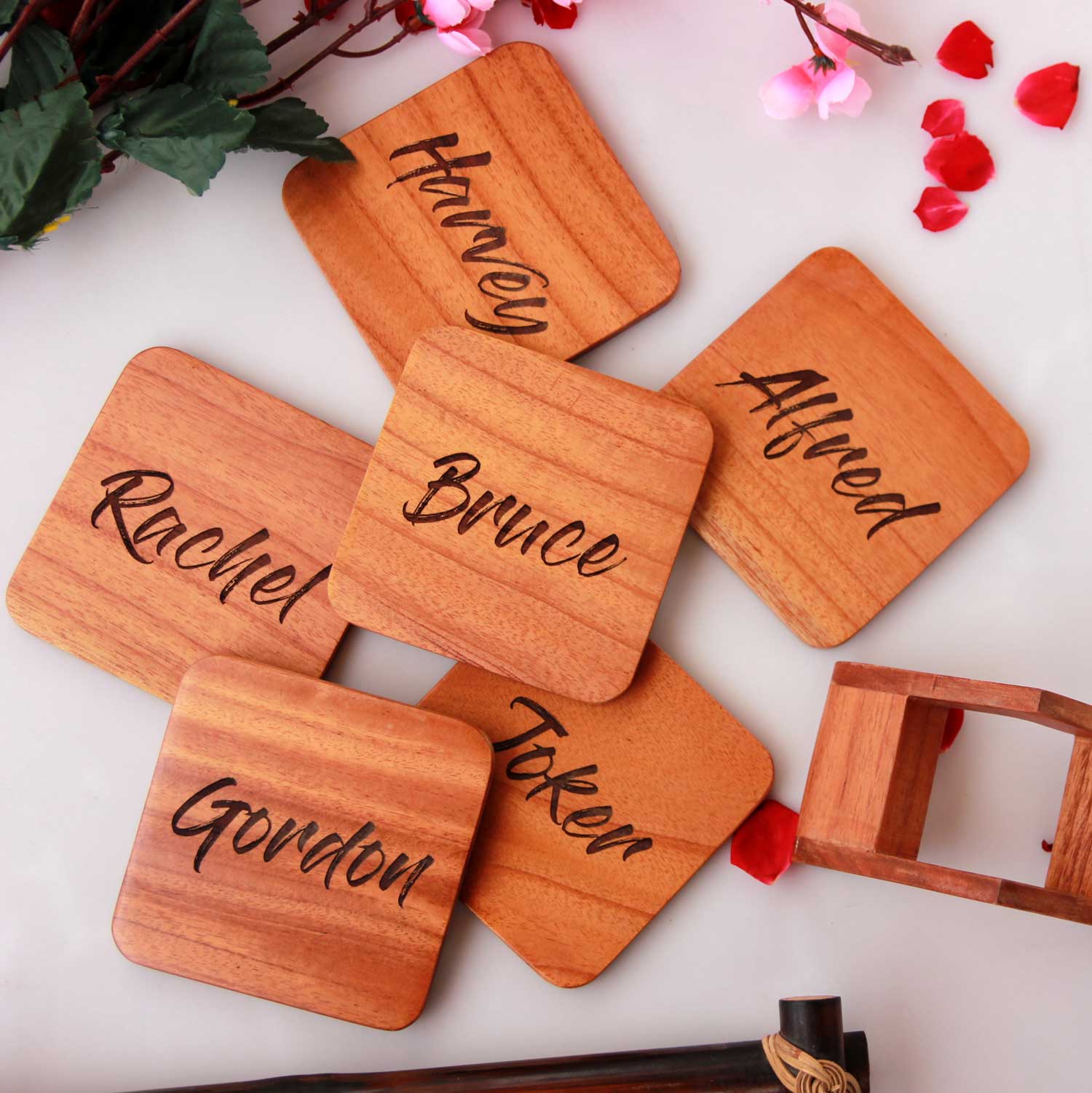 Personalised Name Coasters - Wooden Coaster Set With Holder - Image 2