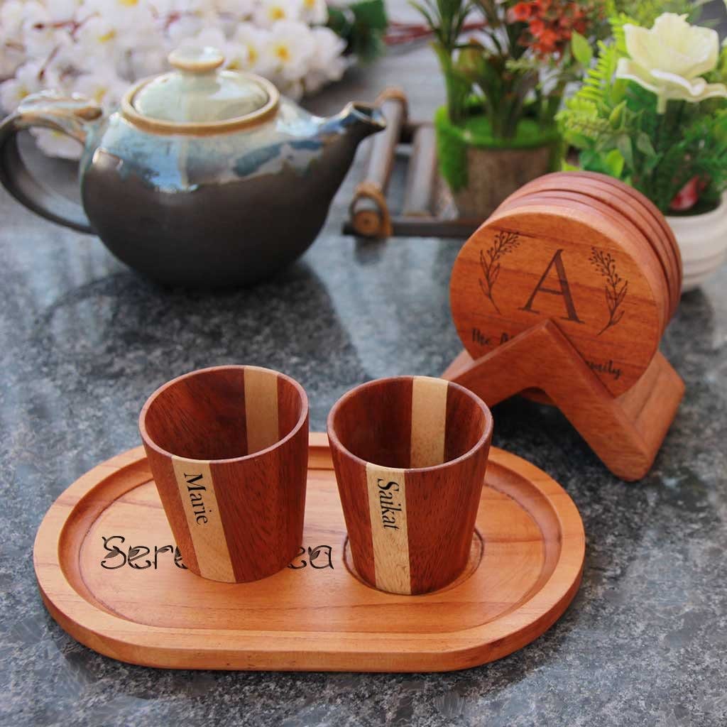 Personalized Birthday Gift Set For Tea Lover | Wooden Tea Cups, Tea Tray and Coaster set - Image 11