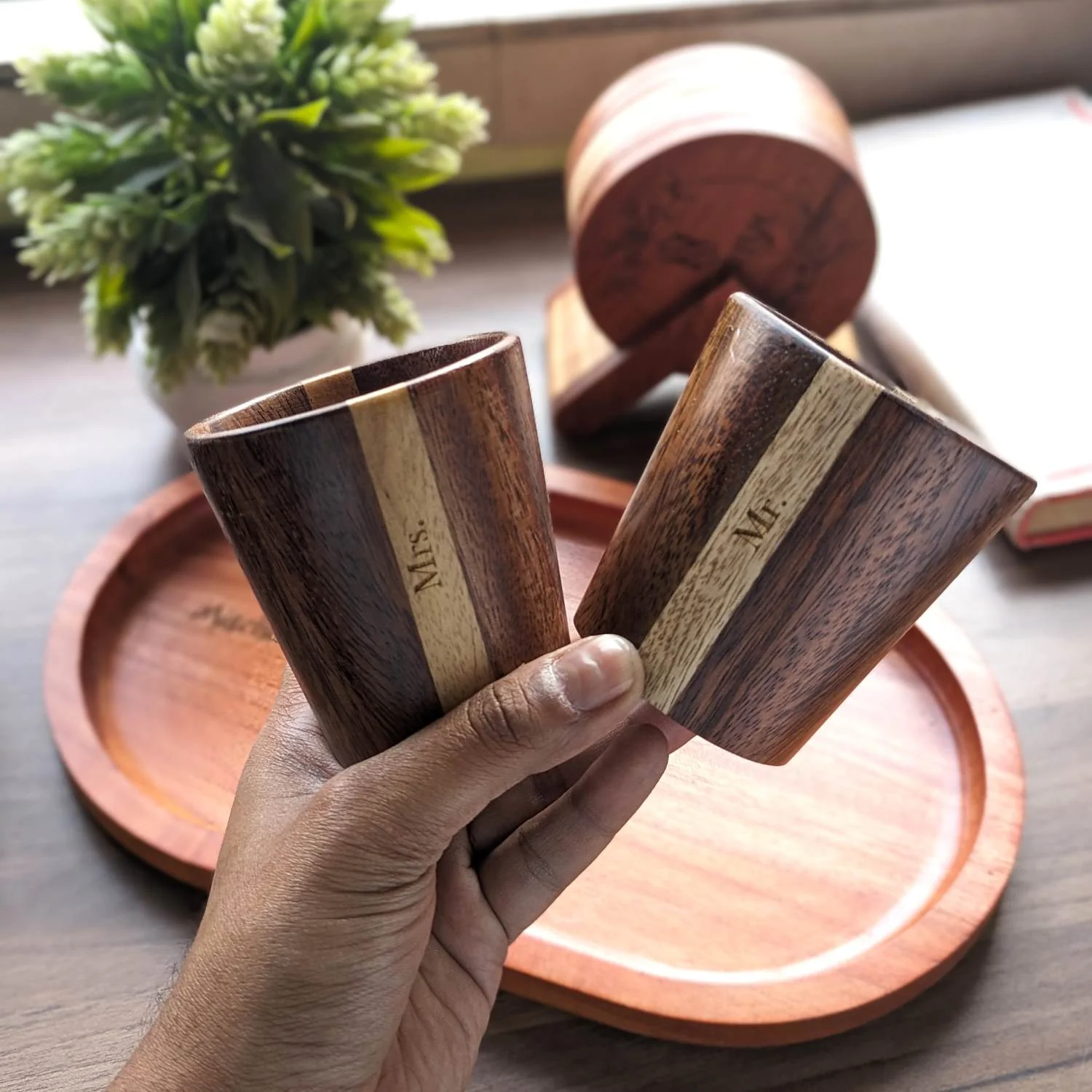 Personalized Birthday Gift Set For Tea Lover | Wooden Tea Cups, Tea Tray and Coaster set - Image 2