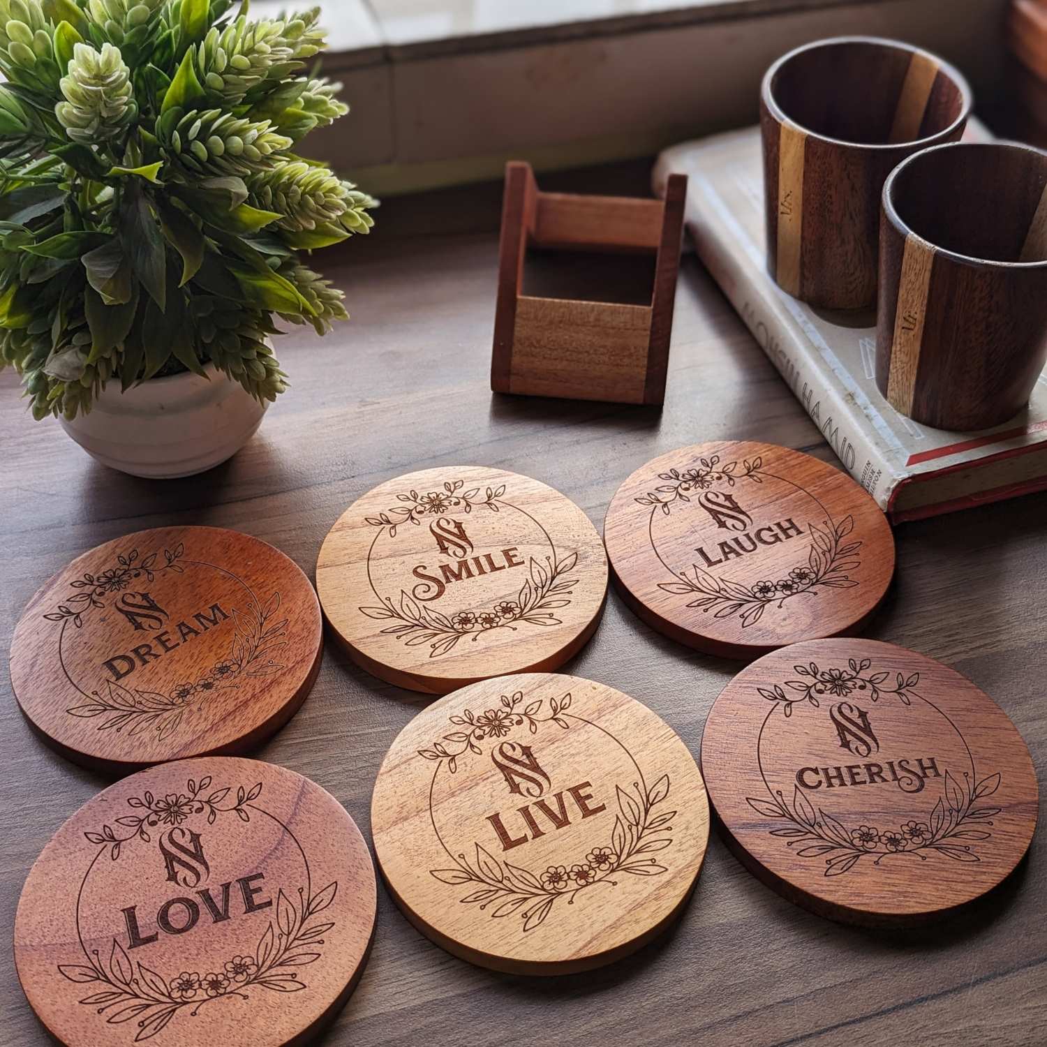 Personalized Birthday Gift Set For Tea Lover | Wooden Tea Cups, Tea Tray and Coaster set - Image 3