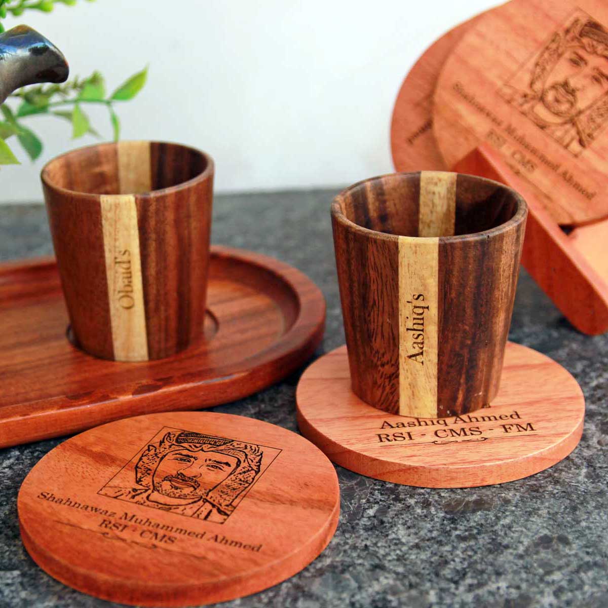 Personalized Birthday Gift Set For Tea Lover | Wooden Tea Cups, Tea Tray and Coaster set - Image 4