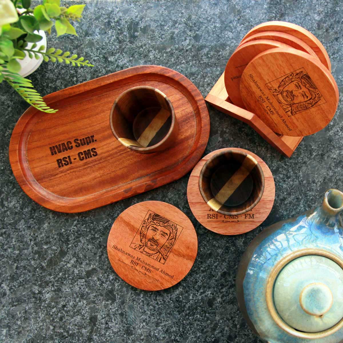 Personalized Birthday Gift Set For Tea Lover | Wooden Tea Cups, Tea Tray and Coaster set - Image 5
