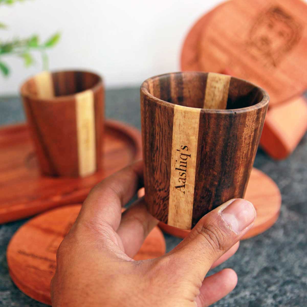 Personalized Birthday Gift Set For Tea Lover | Wooden Tea Cups, Tea Tray and Coaster set - Image 7