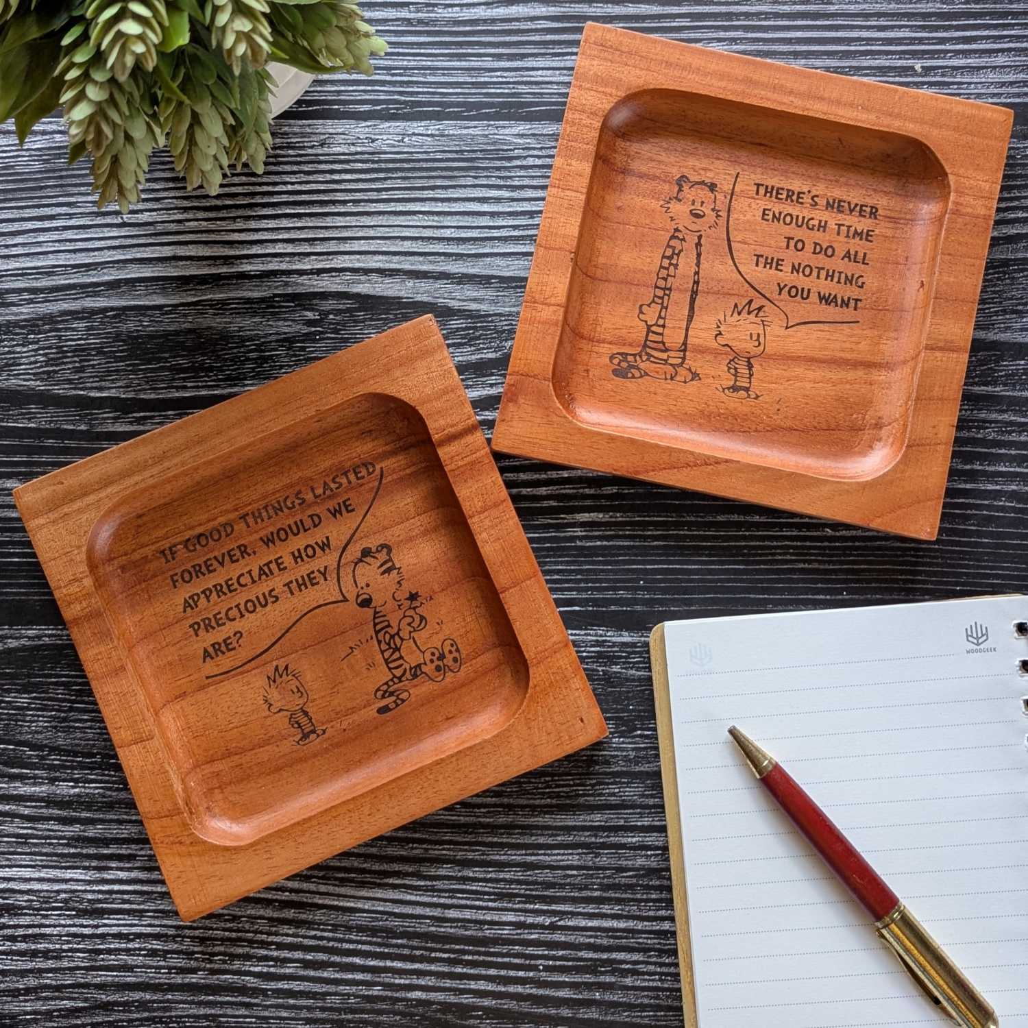 Personalized Calvin and Hobbes Wooden Desk Tray Set Of 2 | Custom Engraved Comic Art Organizer - Image 3