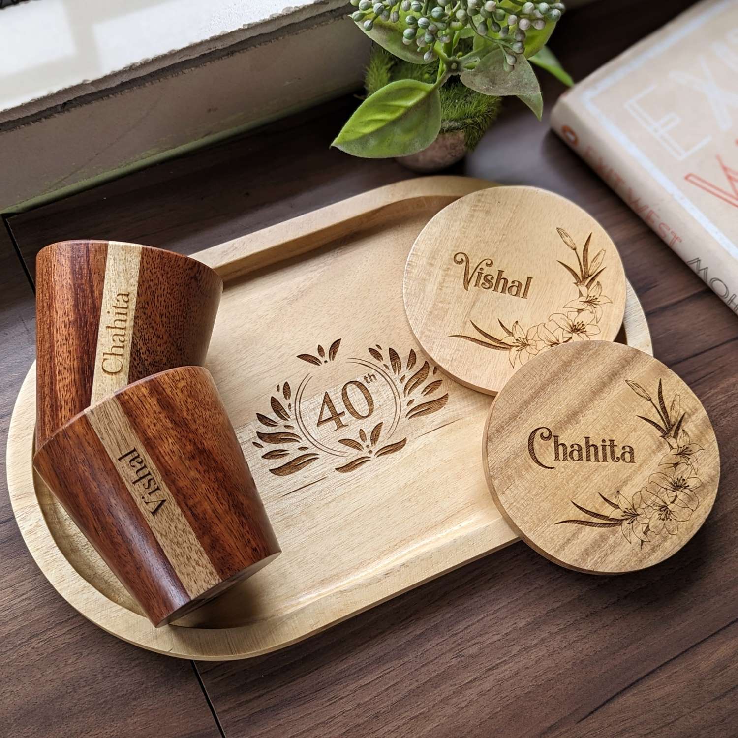Personalized Gift Set | Wooden Tea Cups, Tea Tray & Coasters With Name Engraved - Image 10