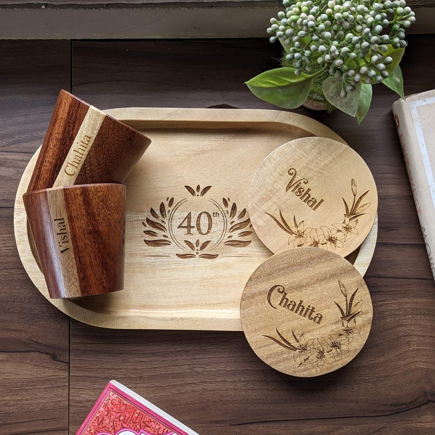 Personalized Gift Set | Wooden Tea Cups, Tea Tray & Coasters With Name Engraved - Image 11