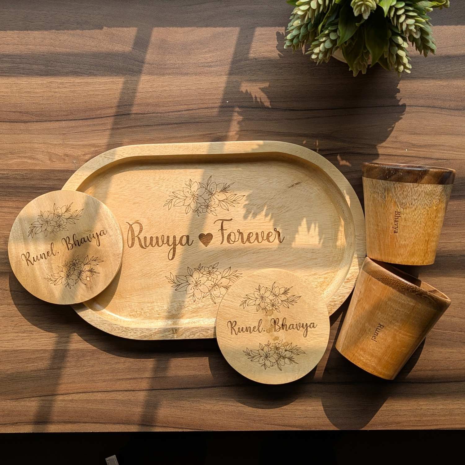 Personalized Gift Set | Wooden Tea Cups, Tea Tray & Coasters With Name Engraved - Image 2