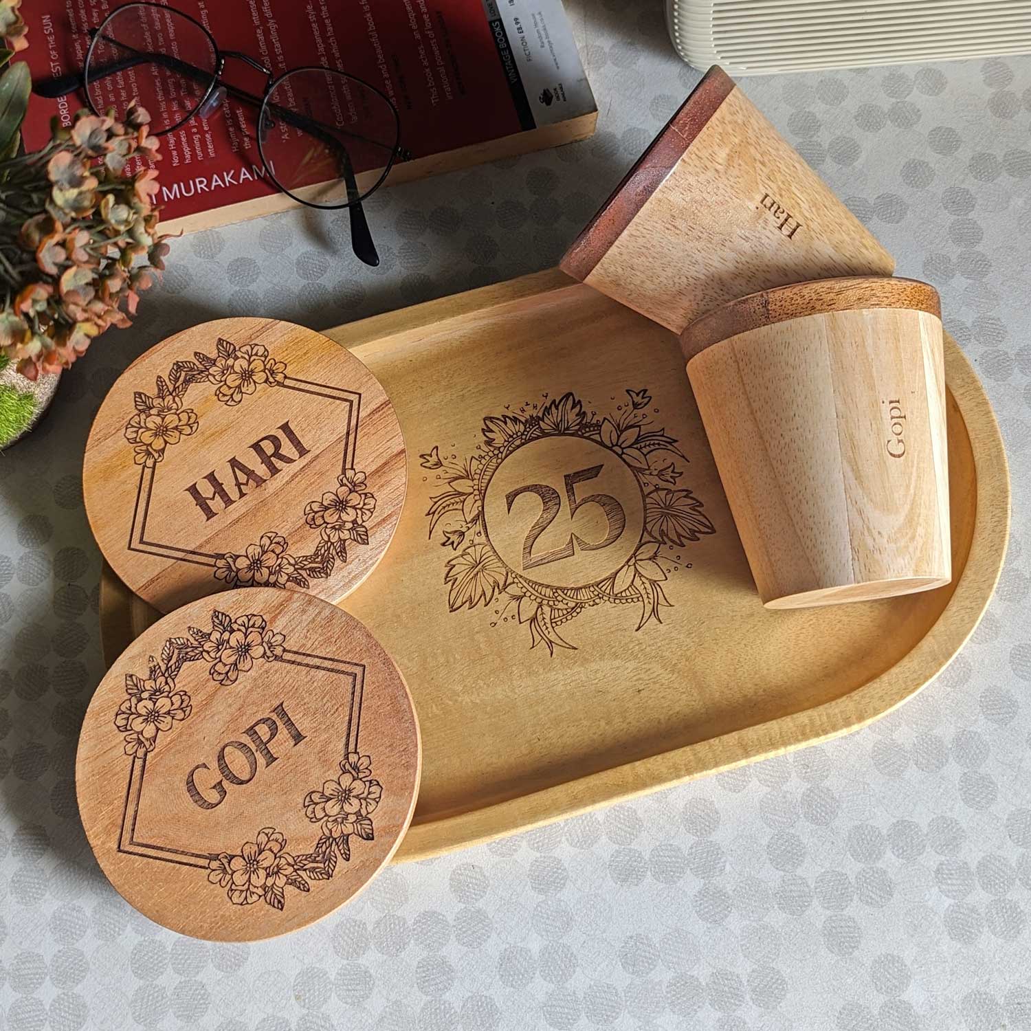 Personalized Gift Set | Wooden Tea Cups, Tea Tray & Coasters With Name Engraved - Image 3