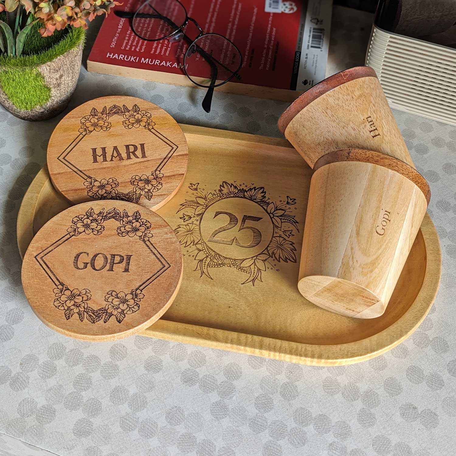 Personalized Gift Set | Wooden Tea Cups, Tea Tray & Coasters With Name Engraved - Image 4