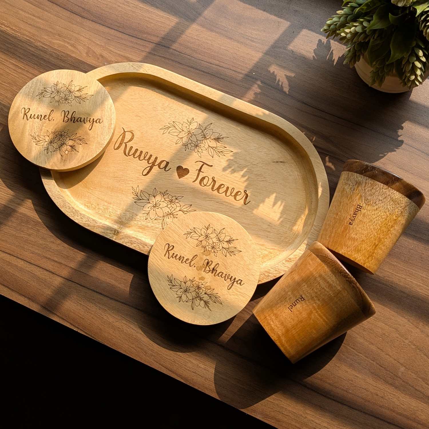 Personalized Gift Set | Wooden Tea Cups, Tea Tray & Coasters With Name Engraved - Image 5