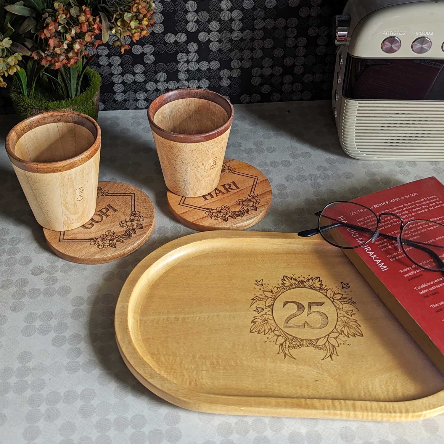 Personalized Gift Set | Wooden Tea Cups, Tea Tray & Coasters With Name Engraved - Image 8