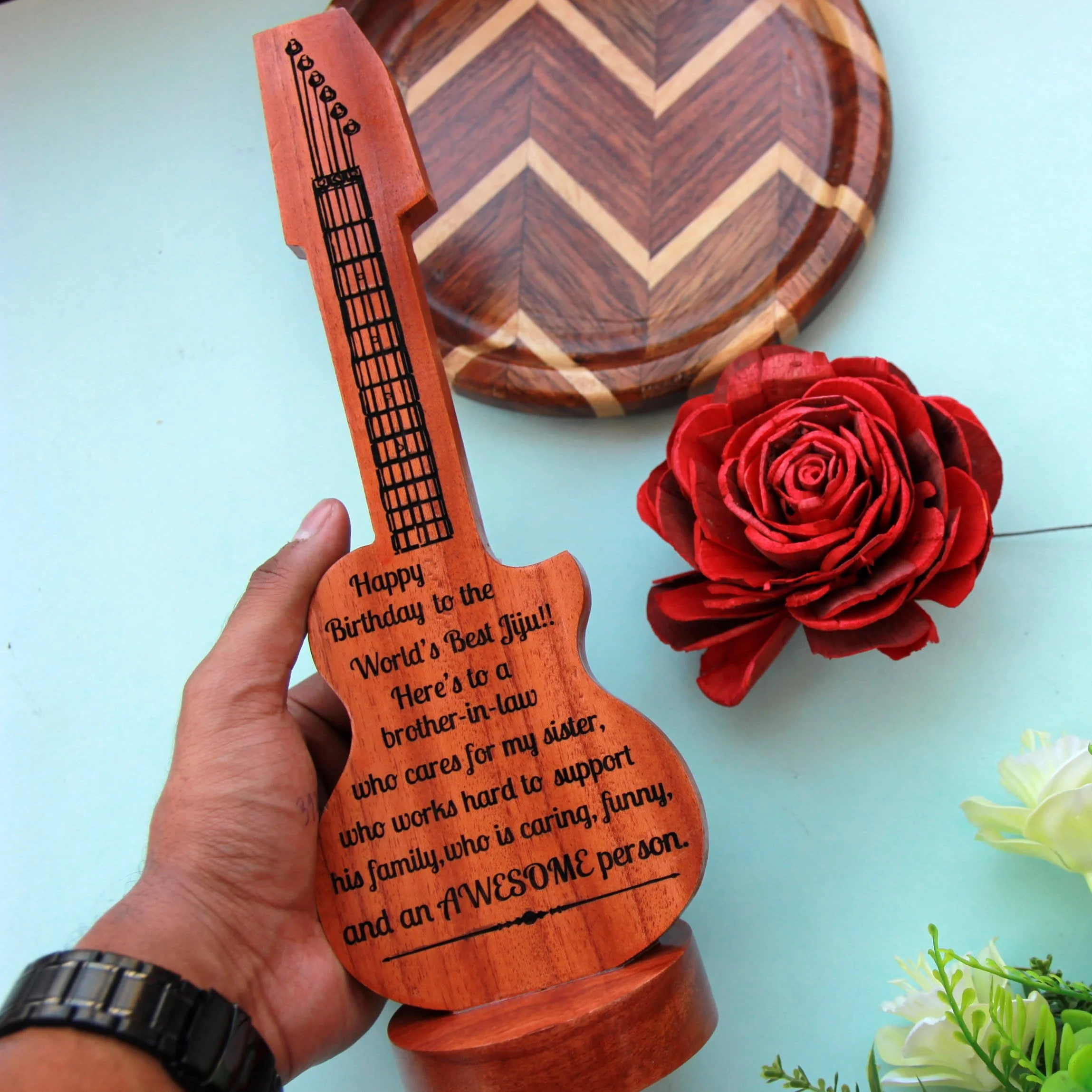 Guitar-Shaped Wooden Birthday Gift | Personalized Memento Engraved With Birthday Greetings - Image 3