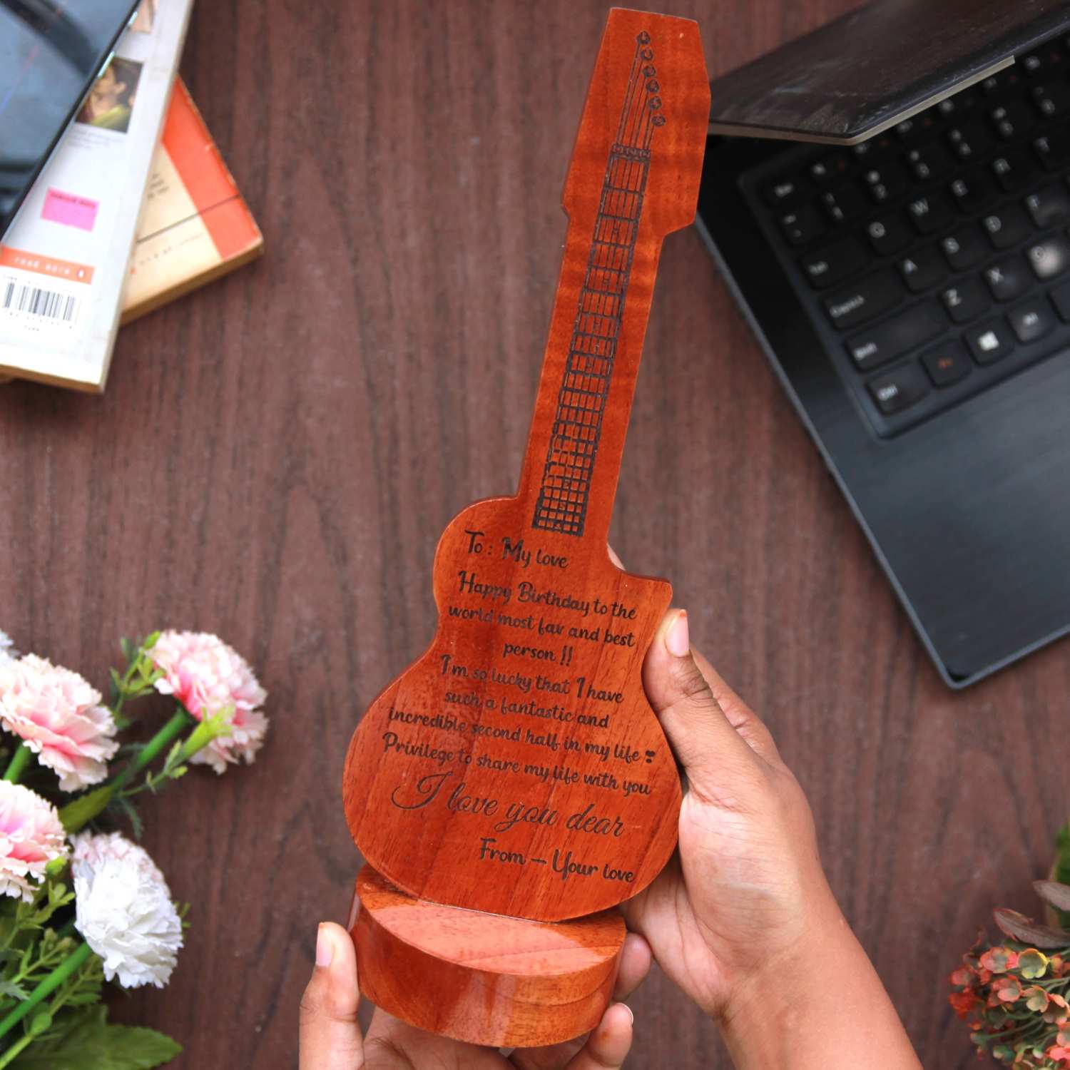 Guitar-Shaped Wooden Birthday Gift | Personalized Memento Engraved With Birthday Greetings - Image 4