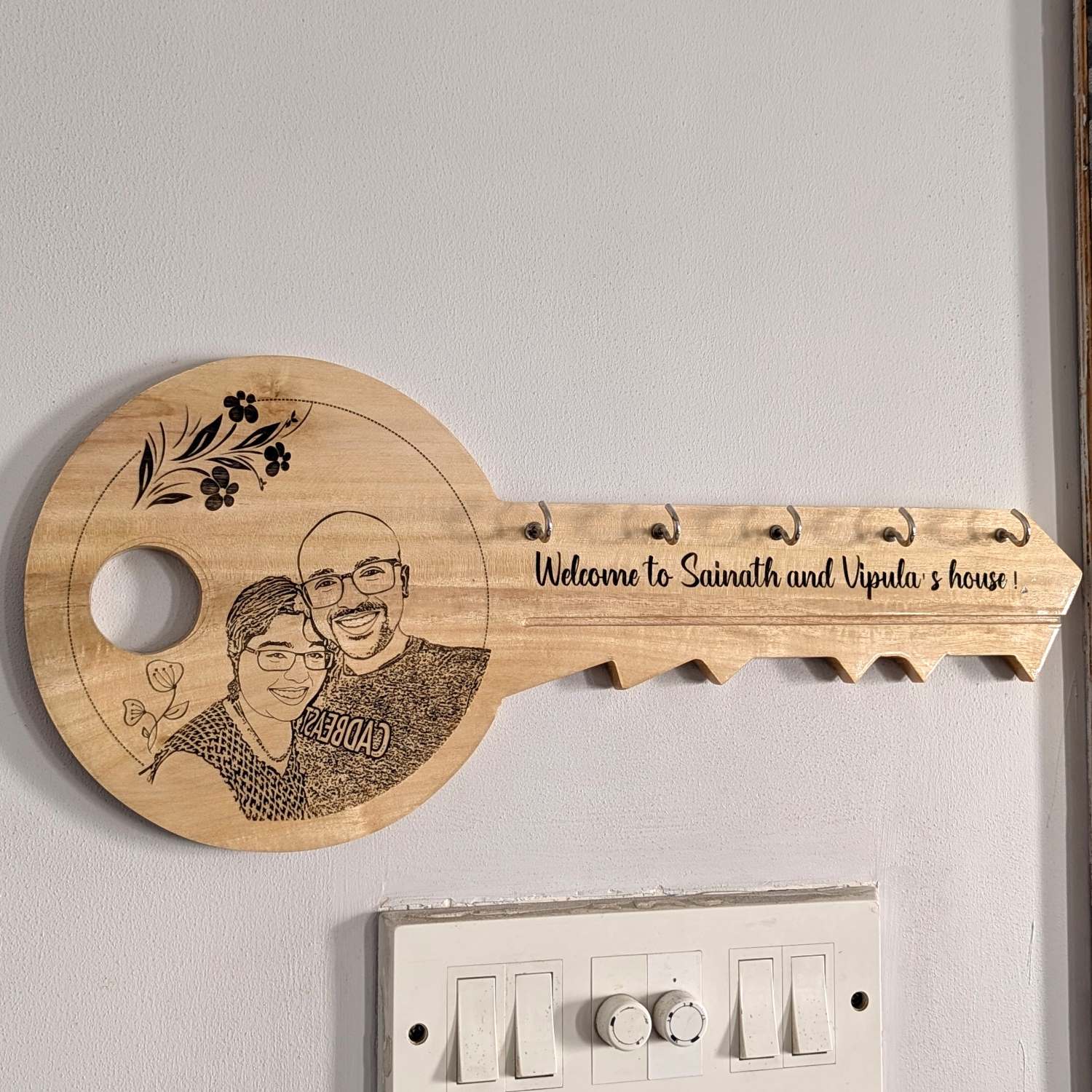 Personalized Portrait Key Hanger | Engraved Wooden Key Holder for Home - Image 2