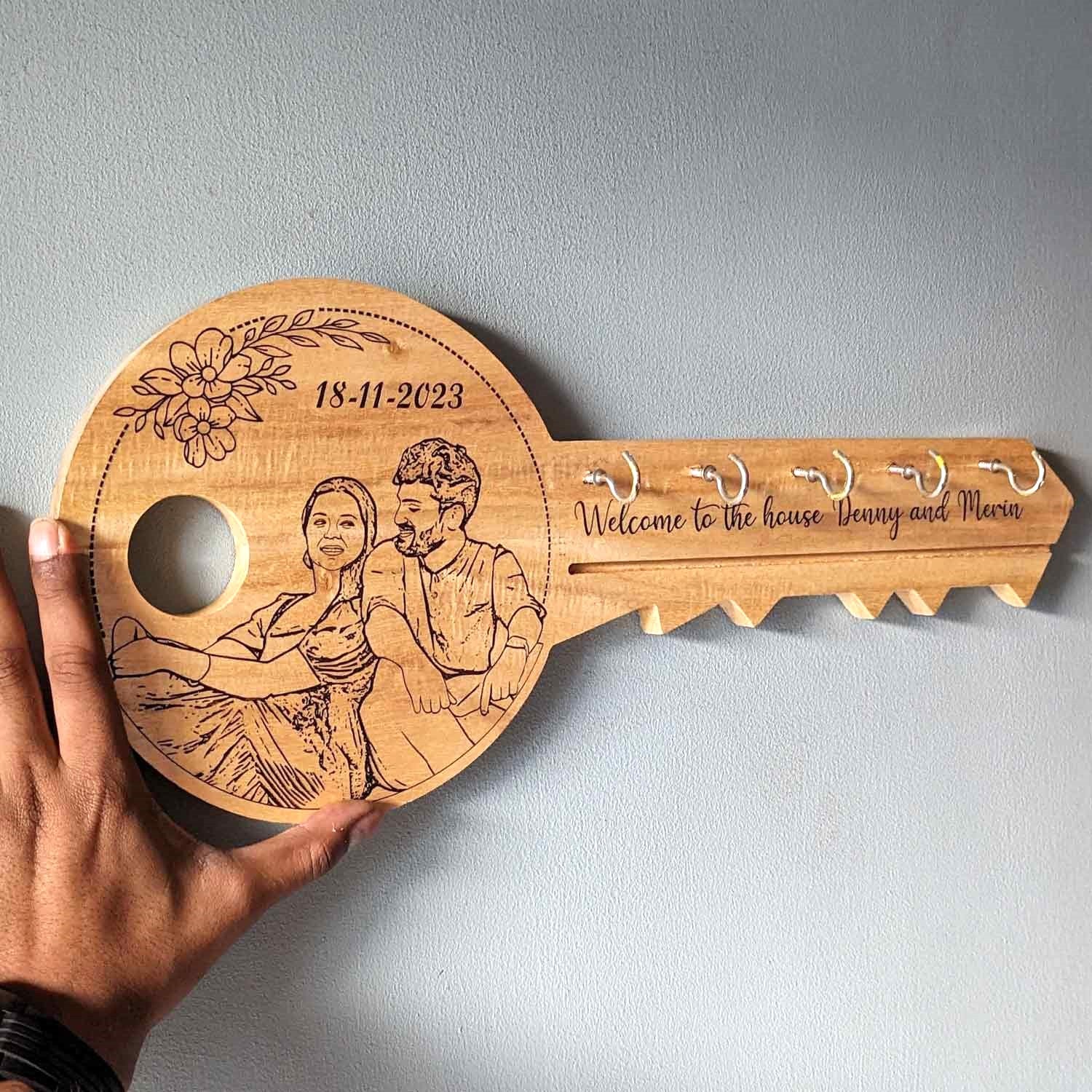 Personalized Portrait Key Hanger | Engraved Wooden Key Holder for Home - Image 4