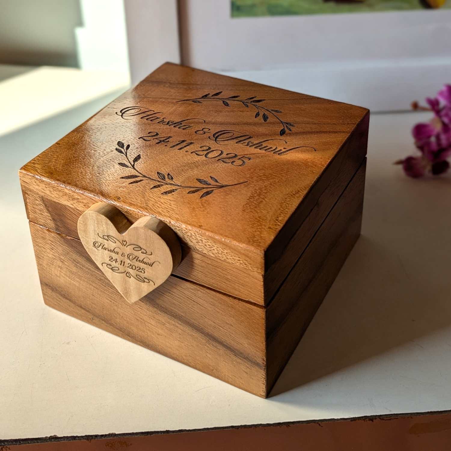Personalized Teak Wood Couple’s Box | Engraved Box Of Love for Anniversaries & Birthdays - Image 2