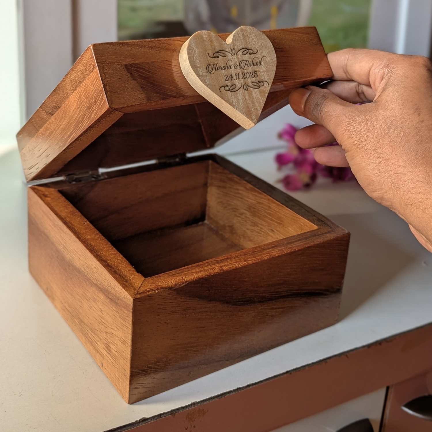 Personalized Teak Wood Couple’s Box | Engraved Box Of Love for Anniversaries & Birthdays - Image 3