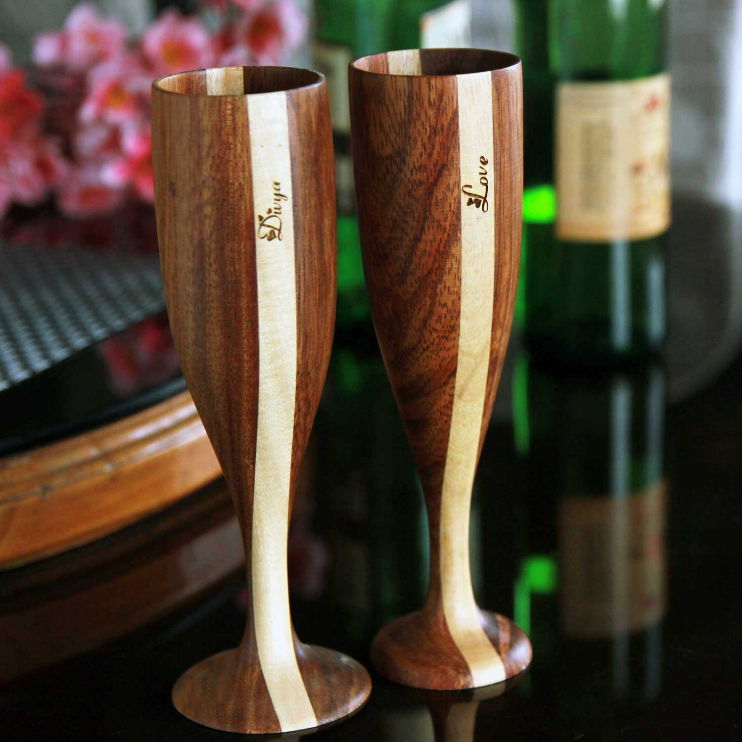 Personalized Wood Champagne Glasses | Anniversary Gift For Husband & Wife - Image 3