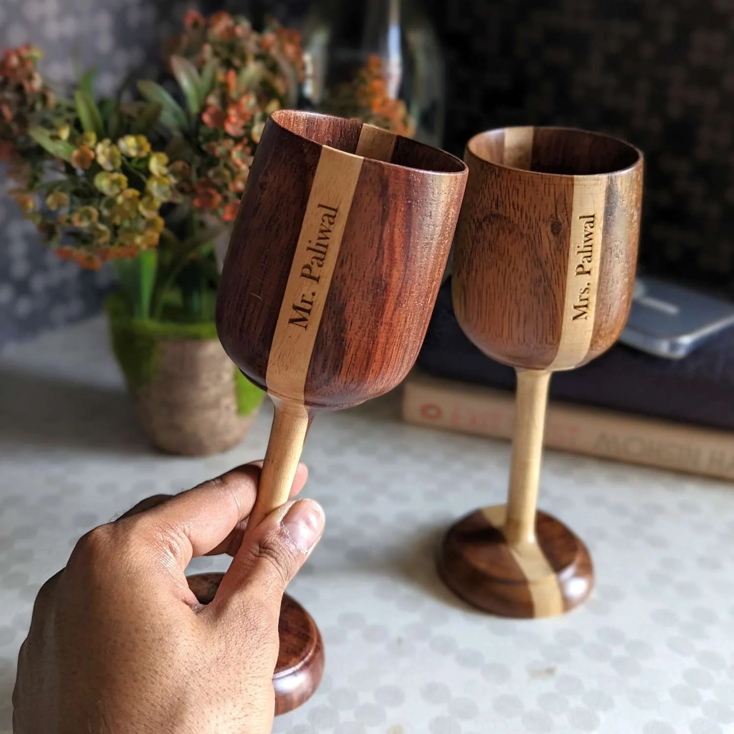 Personalized Wood Wine Goblets Engraved With Name | Anniversary Gift - Image 3