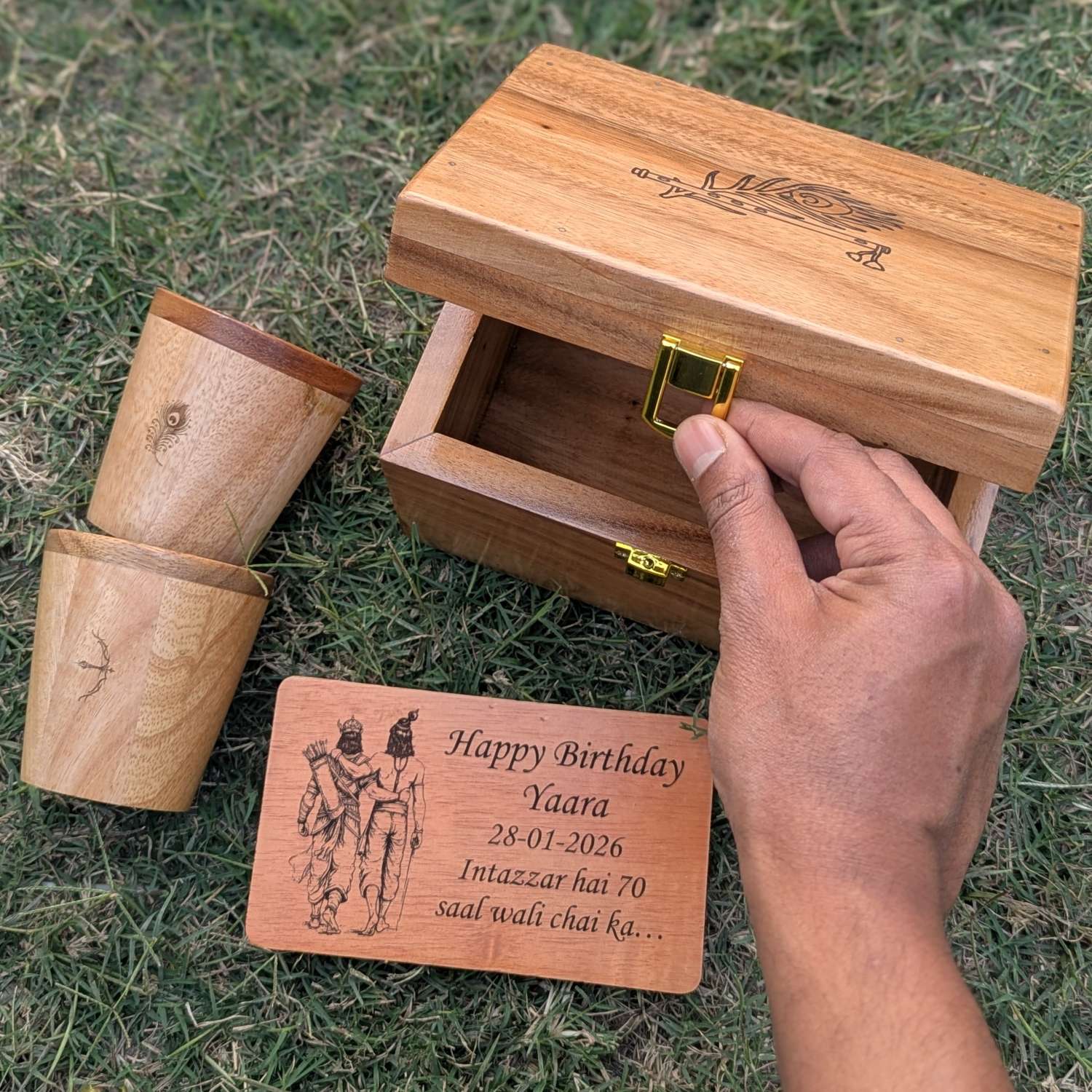 Personalized Wooden Birthday Gift Box with Tea Glasses & Custom Greeting Card - Image 3