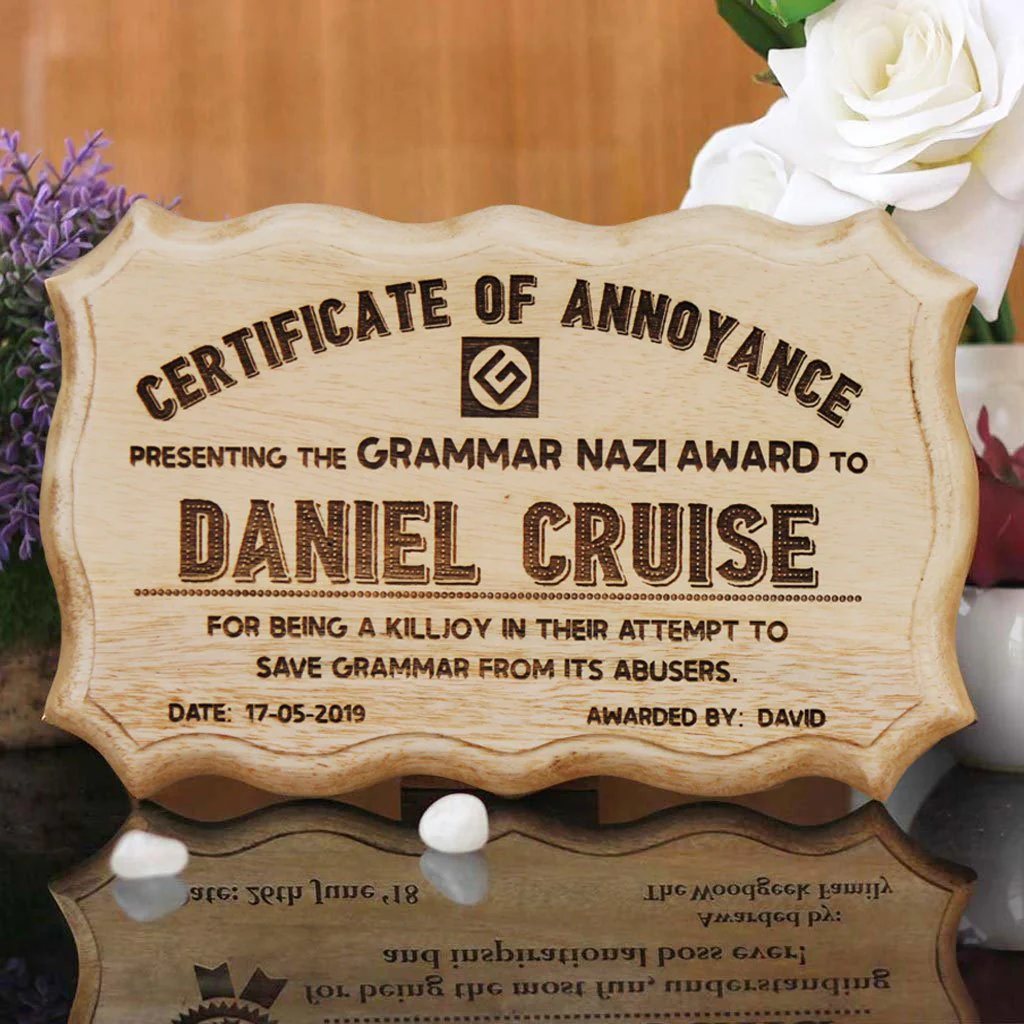 Grammar Nazi Personalized Wooden Certificate