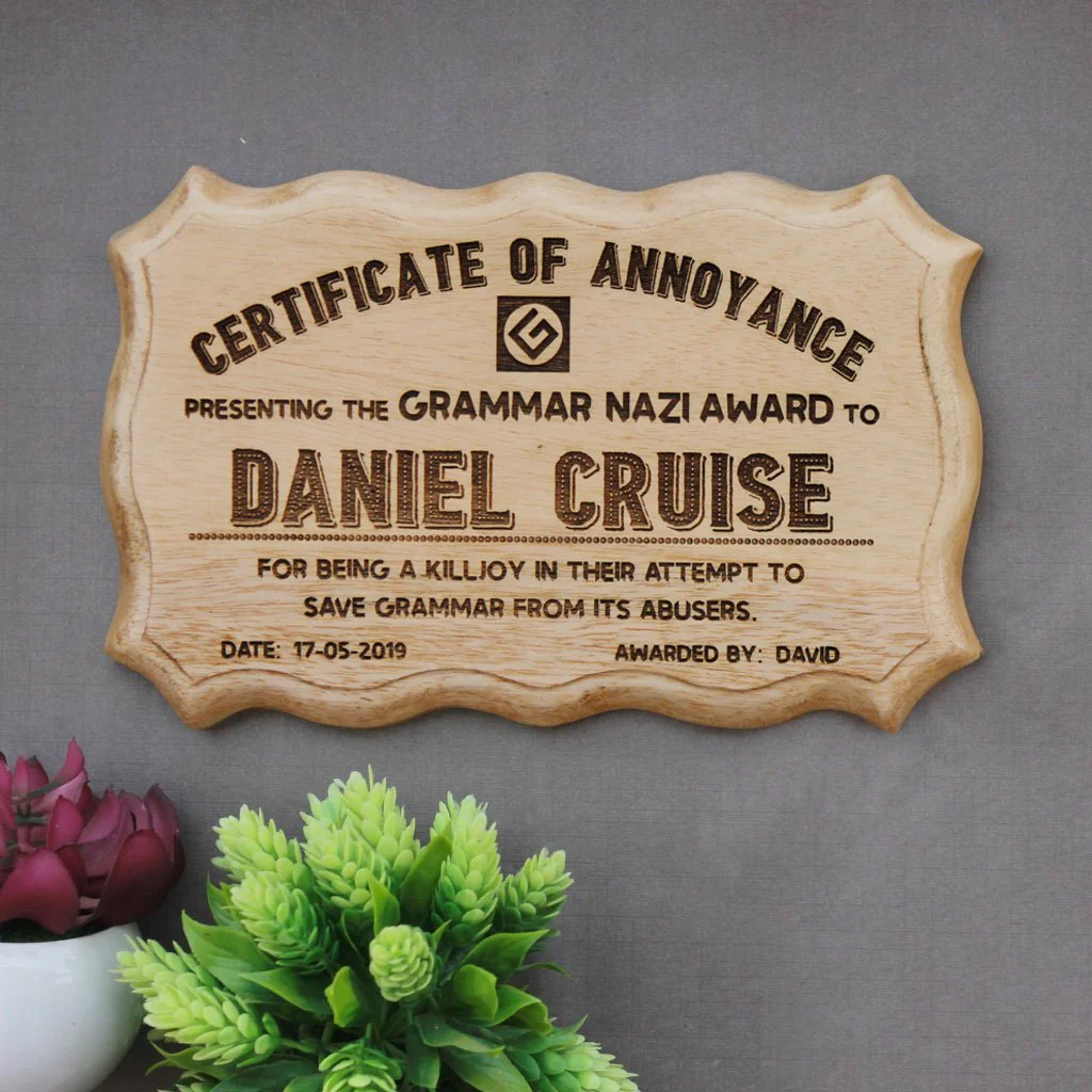 Grammar Nazi Personalized Wooden Certificate - Image 2