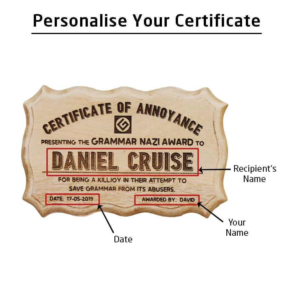 Grammar Nazi Personalized Wooden Certificate - Image 3