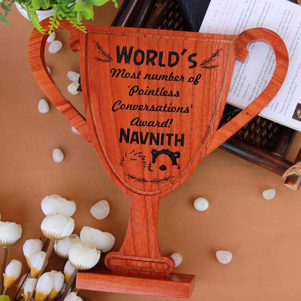Pointless Conversations Award - Funny Wooden Trophy for Friends