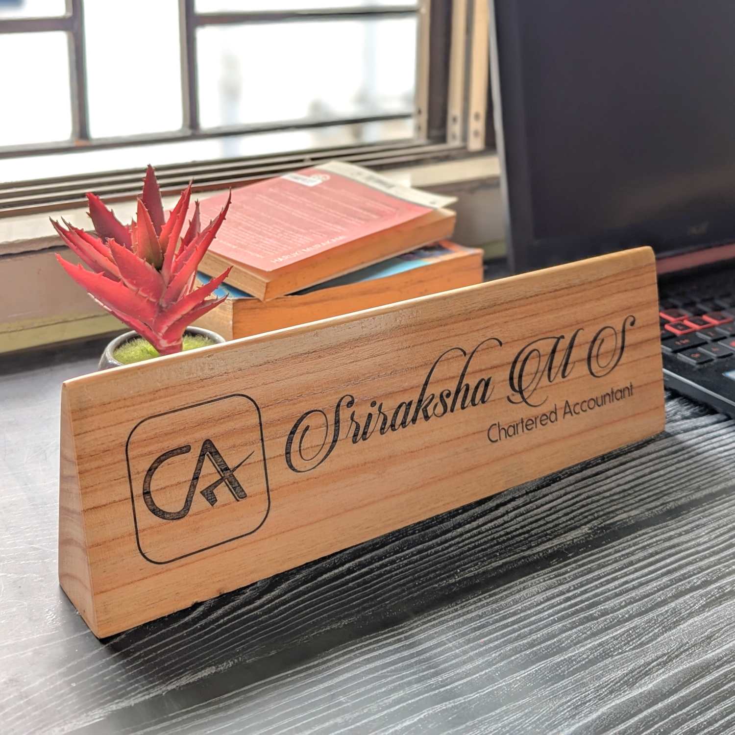 Professional Customized Triangular Desk Nameplate | Engraved with Logo & Designation - Image 2