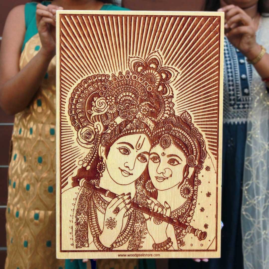 Radha Krishna Engraved In Wood | Radhakrishn Painting | Auspicious Gift - Image 2