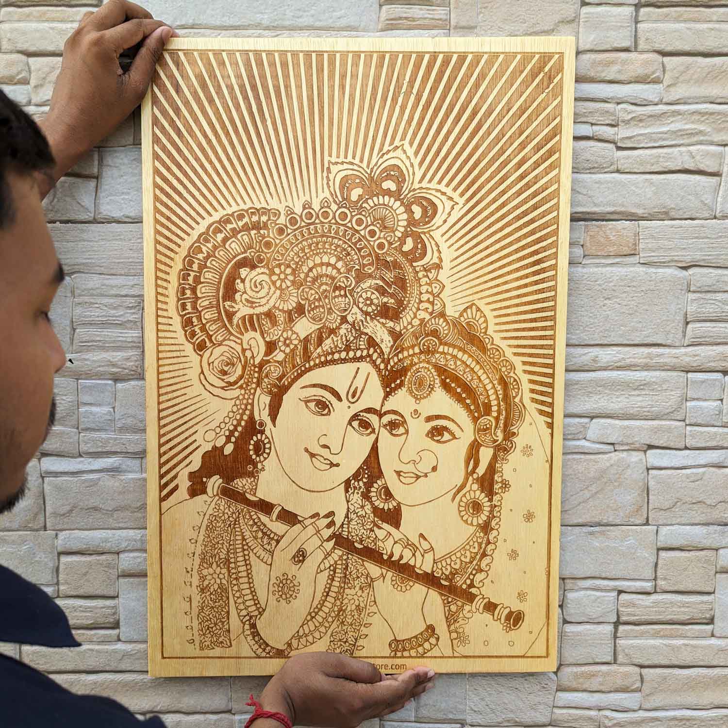 Radha Krishna Engraved In Wood | Radhakrishn Painting | Auspicious Gift - Image 3