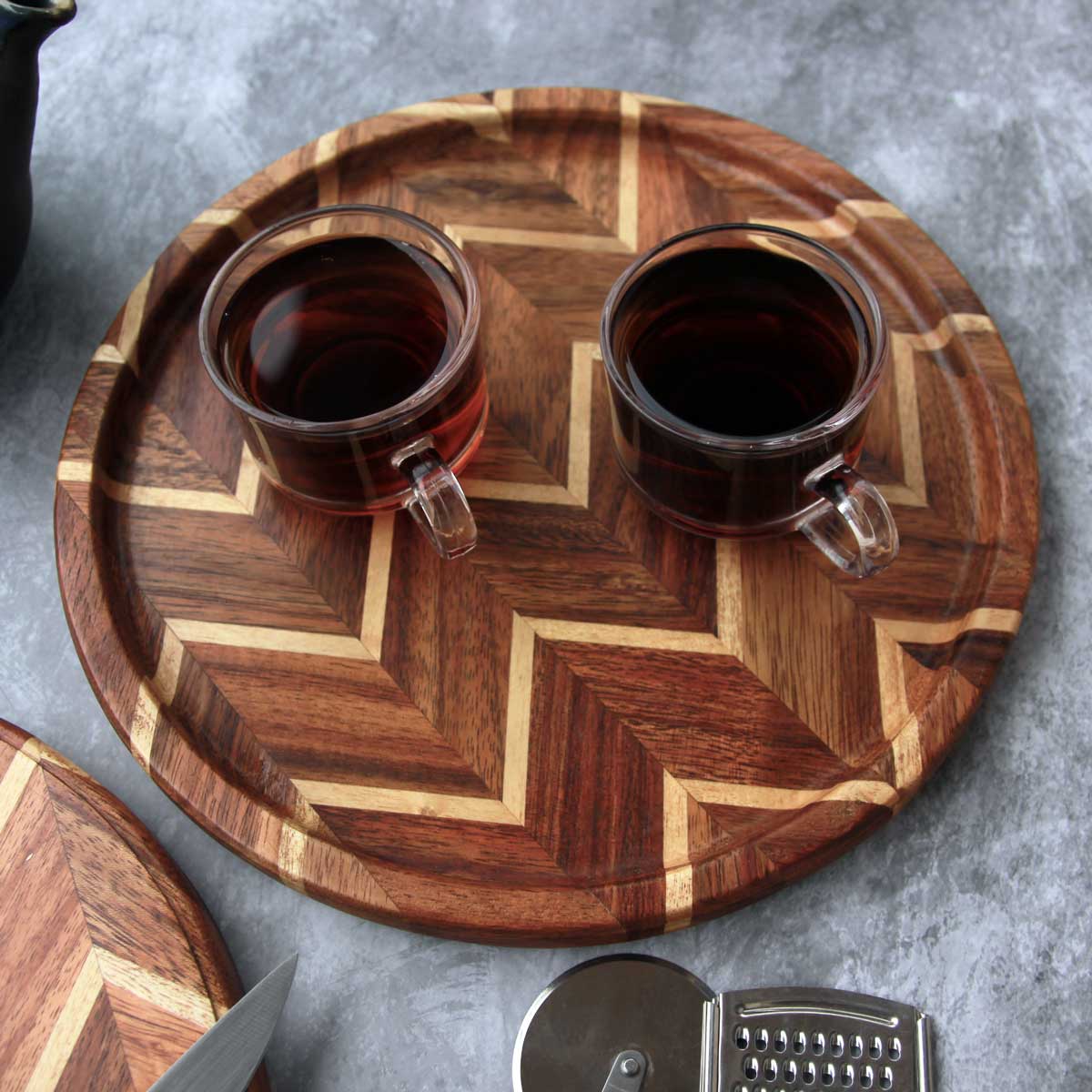 Round Chevron Wood Chopping Board & Tray: Set of 2 | Birthday Gift Set - Image 3