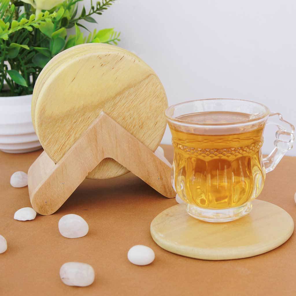 Round Wooden Coaster Set With Holder - Custom Coasters